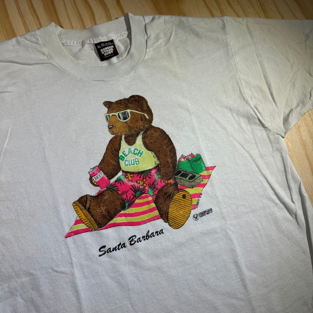 Screen Stars Men's Santa Barbara Beach Bear Graphic Tee White Vintage XL
